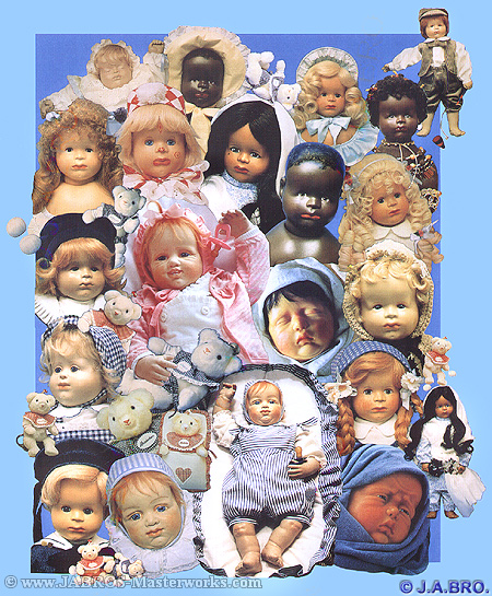 A collage of J.A.BRO'S self-made/created artist dolls & artist bears.